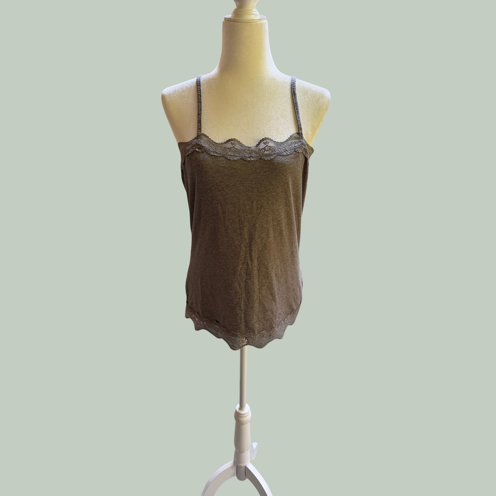 Ann Taylor Heather Gray Stretch Camisole Scalloped Lace Trim Sz L Y2K Cami